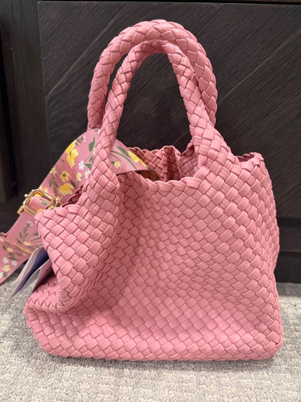 Ah-Dorned Pink Woven Pink Tote Bag with Floral Strap